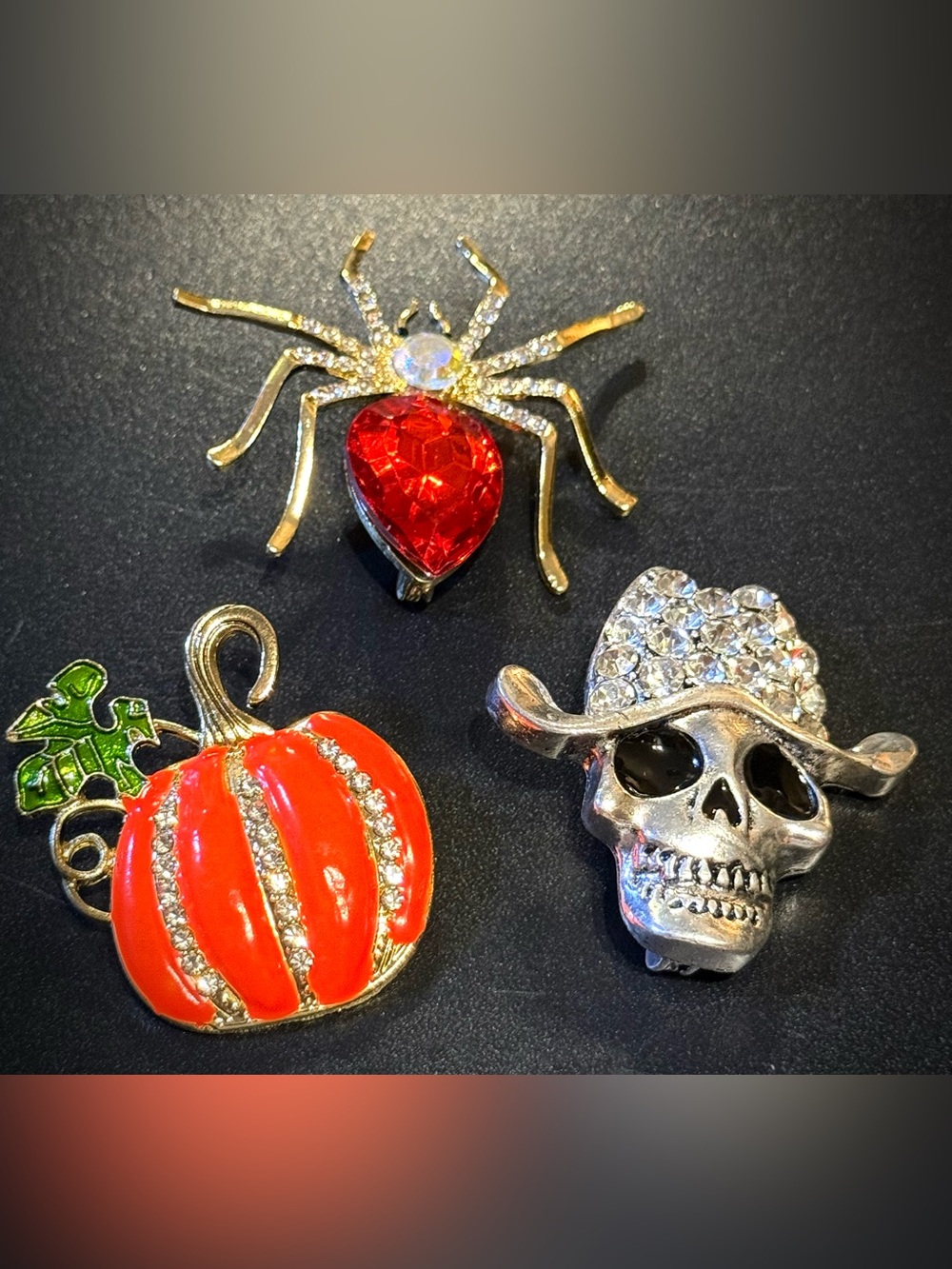 Festive Halloween Brooch Trio - Red Pumpkin, Red Spider & Silver Skull